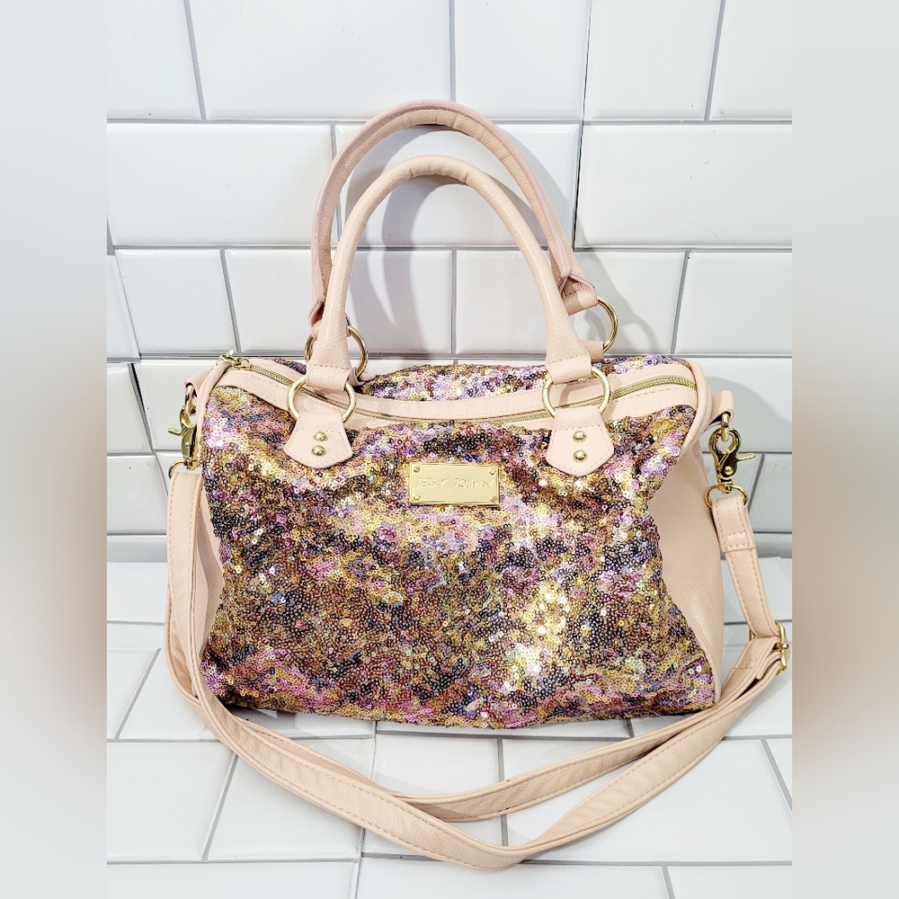 BETSEY JOHNSON Pink Faux Leather Fairy Dust Sequin Satchel Purse with Shoulder S